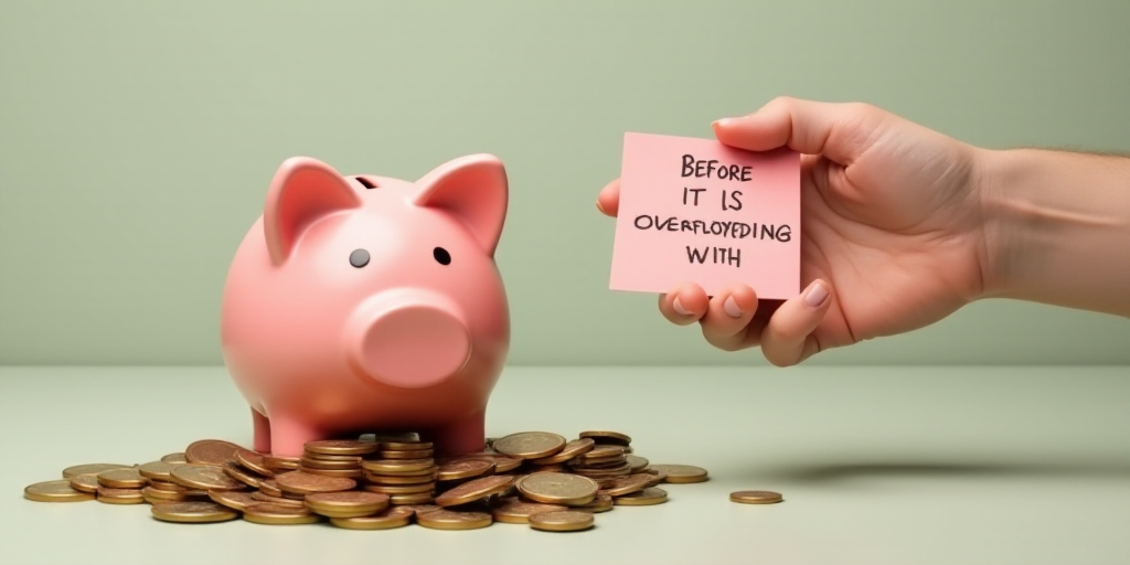 a piggy bank with a note that says before it is overflowing with coins and a person holding a piggy