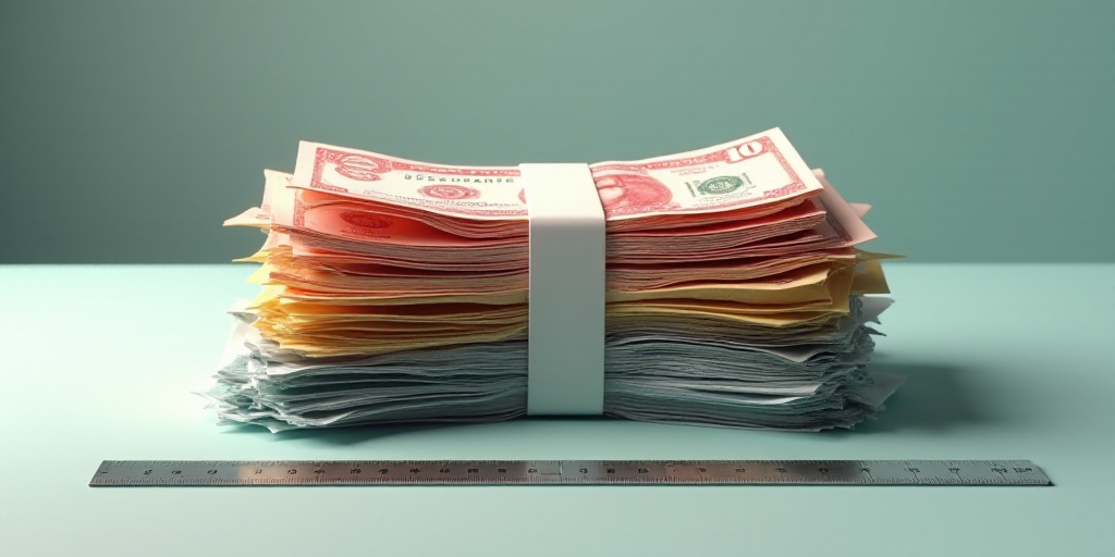 a pile of different colored bills sitting on top of each other on a table top with a ruler in front