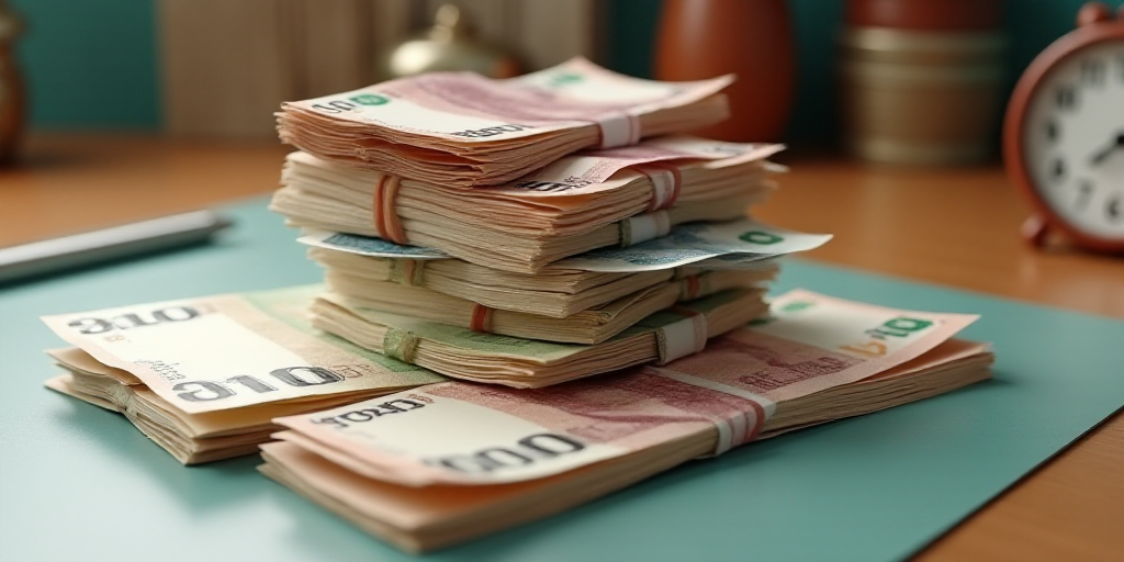 a pile of different currency sitting on top of each other on a table top with a clock on it, Évaris