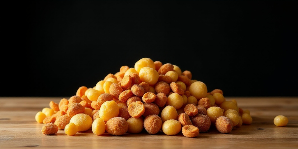 a pile of different types of snacks on a table top with a black background behind it and a wooden ta