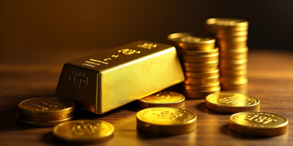 a pile of gold bars sitting next to stacks of gold coins and stacks of gold coins on a table, Enguer