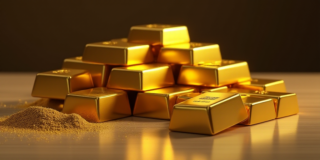 a pile of gold bars sitting on top of a table next to each other on a table top with a bunch of them