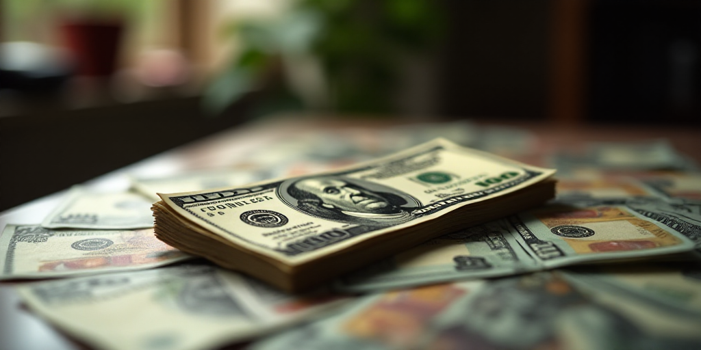 a pile of money sitting on top of a table covered in money bills and currency notes, with a blurry b
