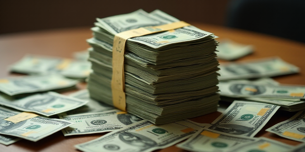 a pile of money sitting on top of each other on top of a table next to a pile of other money, Adam S