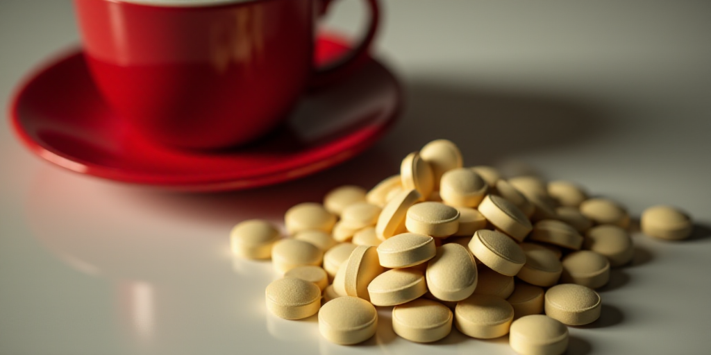 a pile of pills sitting on top of a table next to a red cup of coffee and a red cup, Aquirax Uno, pr
