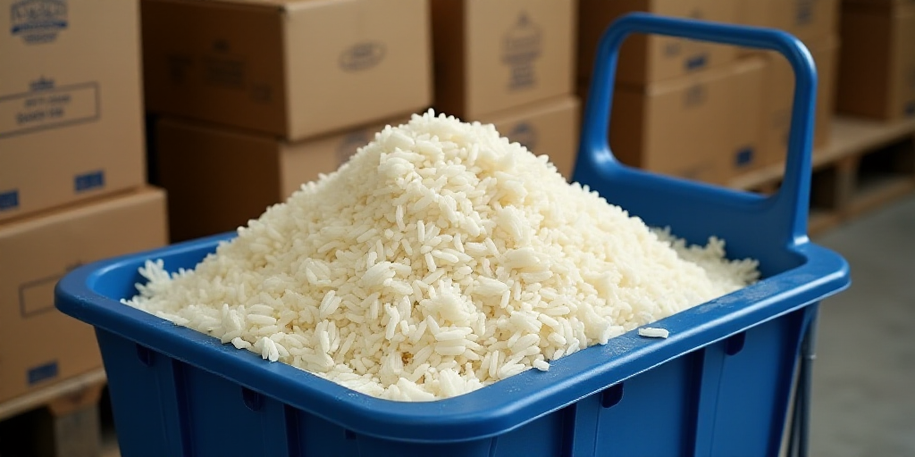 a pile of rice sitting on top of a blue cart in a store next to a pile of boxes, Aya Goda, heavy gra