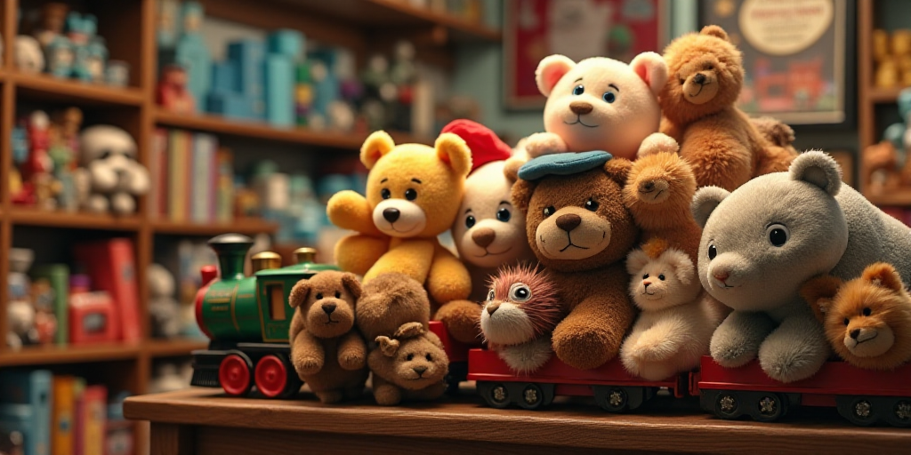 a pile of stuffed animals sitting on top of a shelf in a store next to a toy train and a sign, disne