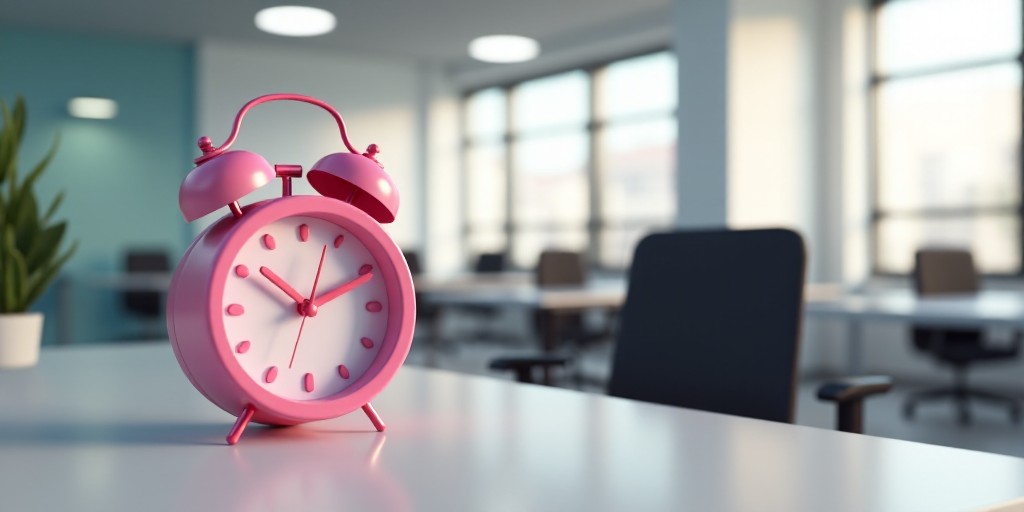 a pink alarm clock sitting on top of a table in an office building with desk chairs and desks, Évar