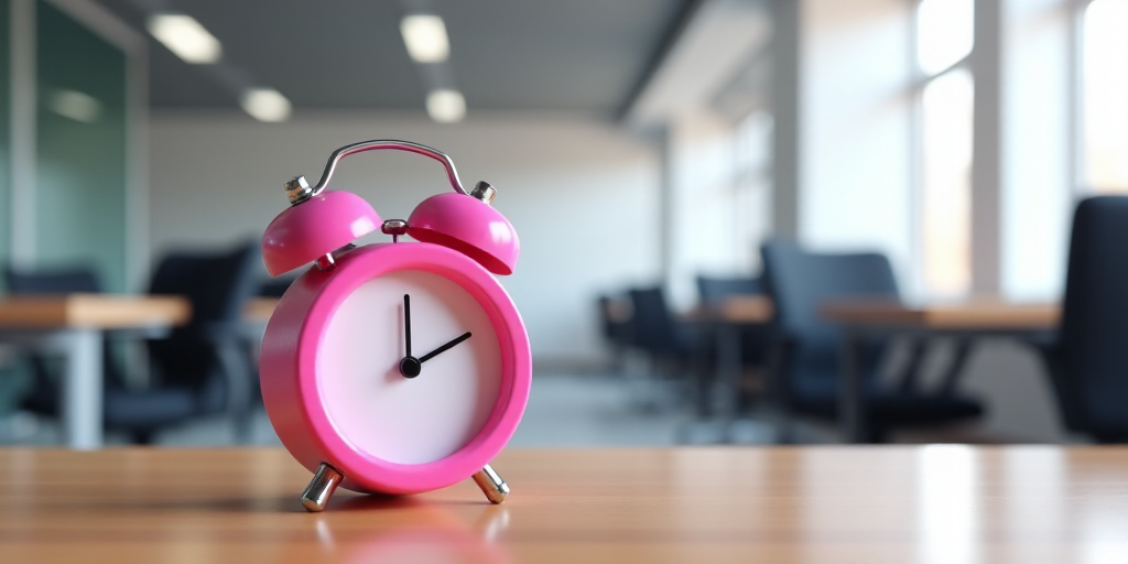 a pink alarm clock sitting on top of a table in an office building with desk chairs and desks, Évar