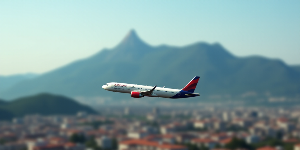 a plane is flying low over a city with a mountain in the background and a mountain in the distance,