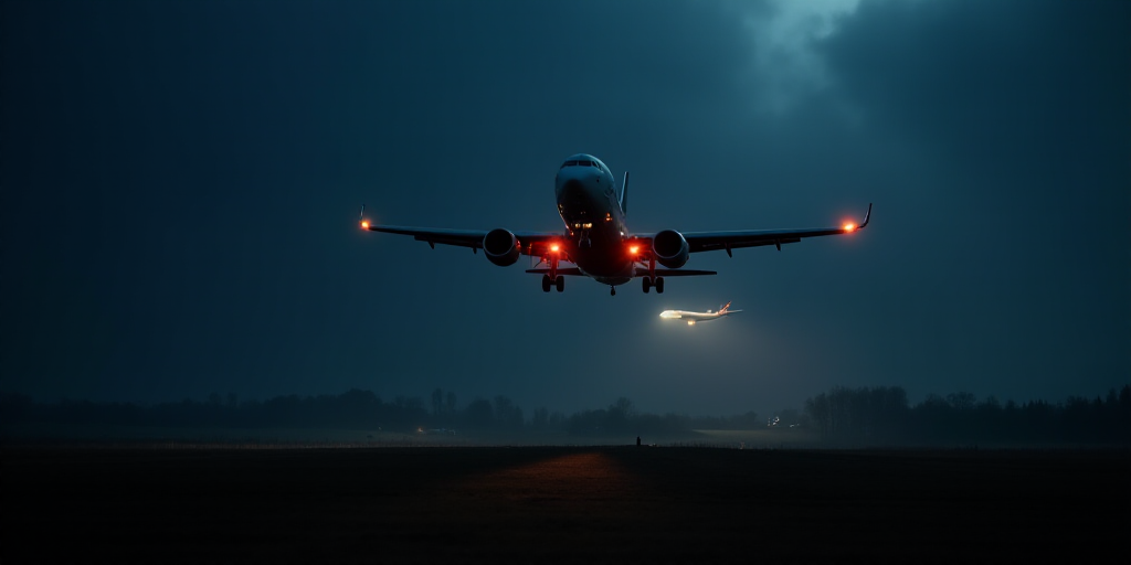a plane is flying over a field at night time with lights on it's wings and a plane in the background