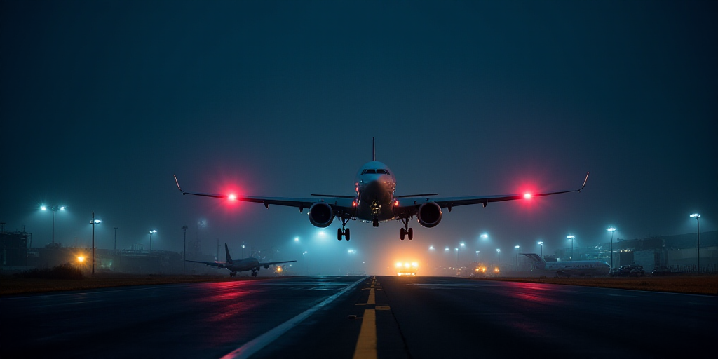 a plane is flying over a runway at night time with lights on it's wings and a plane in the backgroun