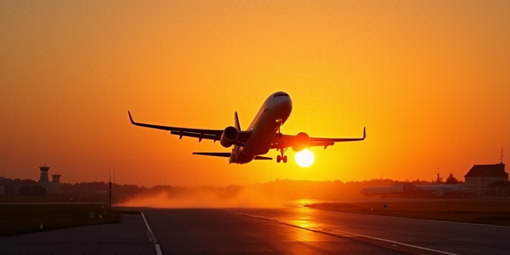 a plane is taking off from an airport runway at sunset or dawn with the sun setting behind it and th