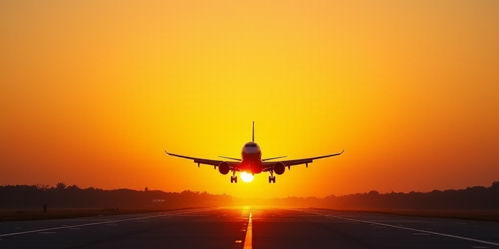 a plane is taking off from an airport runway at sunset or dawn with the sun setting behind it and th