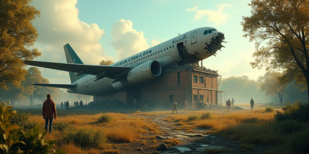 a plane that has been crashed into a building in a field of trees and bushes, with people standing a