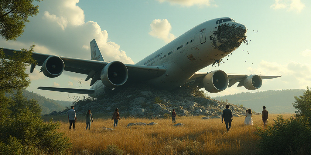 a plane that has been crashed into a building in a field of trees and bushes, with people standing a