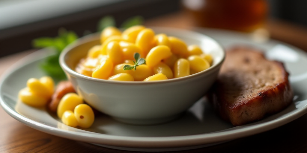a plate of food with a bowl of macaroni and cheese on it and a piece of meat, Allen Tupper True, pro