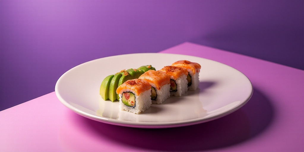a plate of food with sushi and avocado on it on a table with a purple wall, Charles Roka, lostfish,