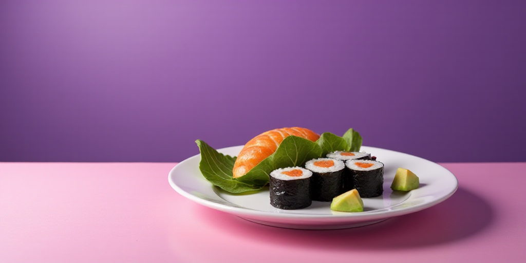 a plate of food with sushi and avocado on it on a table with a purple wall, Charles Roka, lostfish,