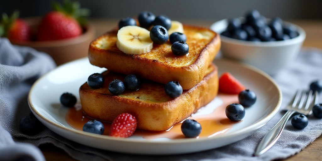 a plate of french toast with blueberries and bananas on top of it and a bowl of berries and a bowl o