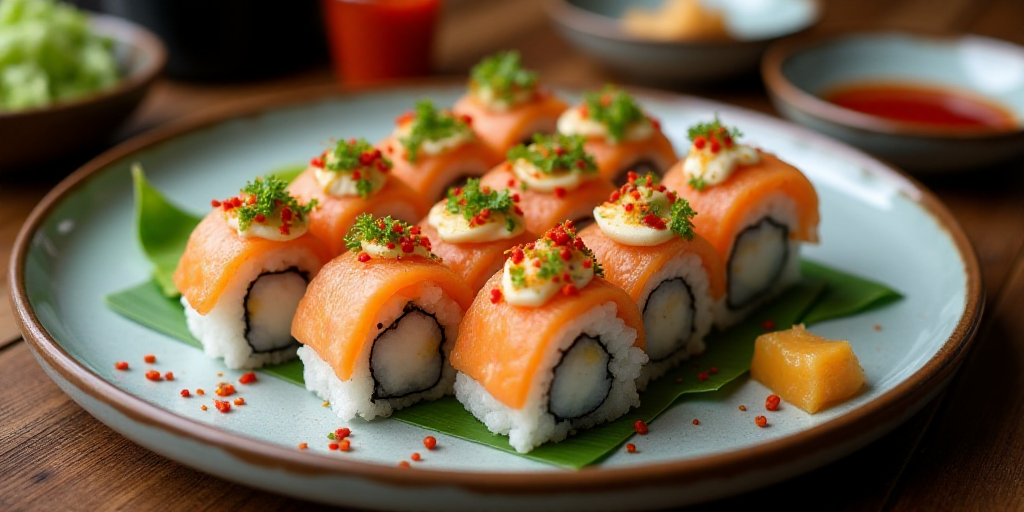 a plate of sushi with a variety of toppings on it and a dipping sauce on the side, Aya Goda, lostfis