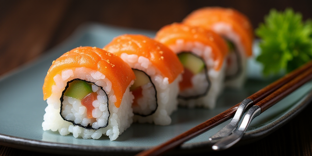 a plate of sushi with chopsticks and a fork on the side of the plate is a sushi roll, Aya Goda, prof