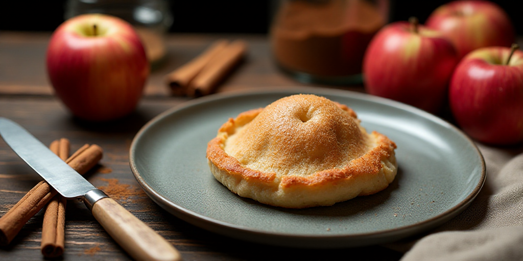 a plate with a pastry on it next to apples and cinnamon sticks on a table with a knife and a jar of
