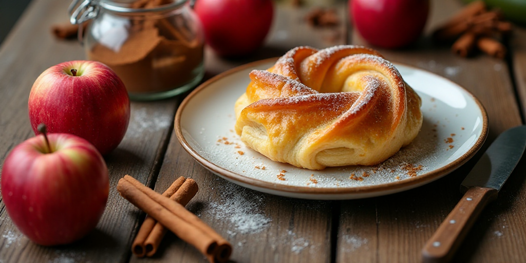 a plate with a pastry on it next to apples and cinnamon sticks on a table with a knife and a jar of
