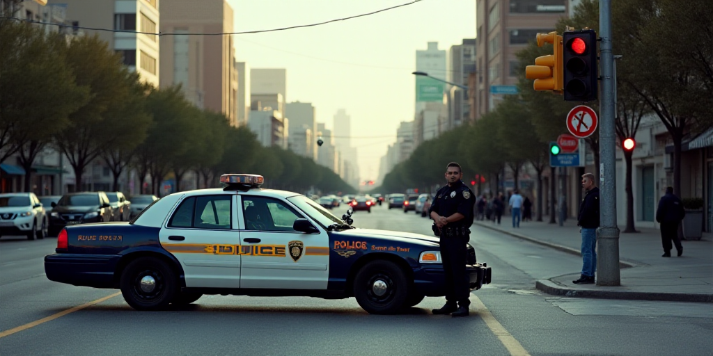 a police car is parked at a red light in a city street with a police officer standing next to it, Br