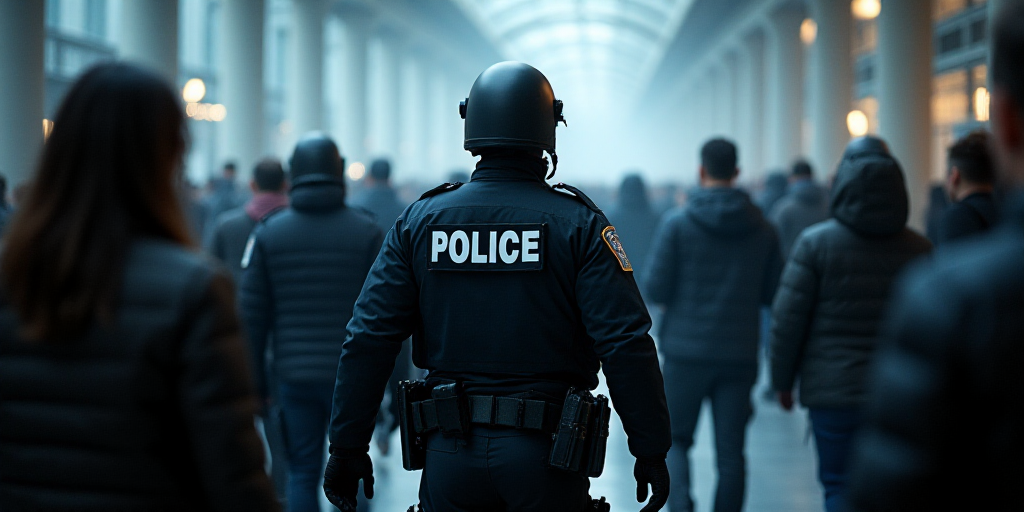 a police officer is walking through a crowd of people in a building with a sign on it that says poli