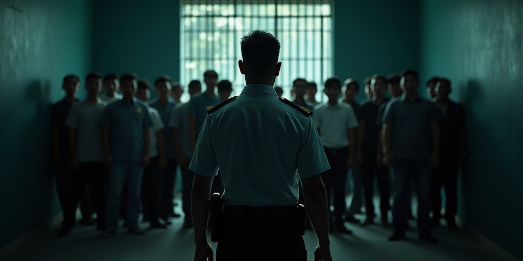 a police officer standing in front of a jail cell door with a bunch of people behind him in the back