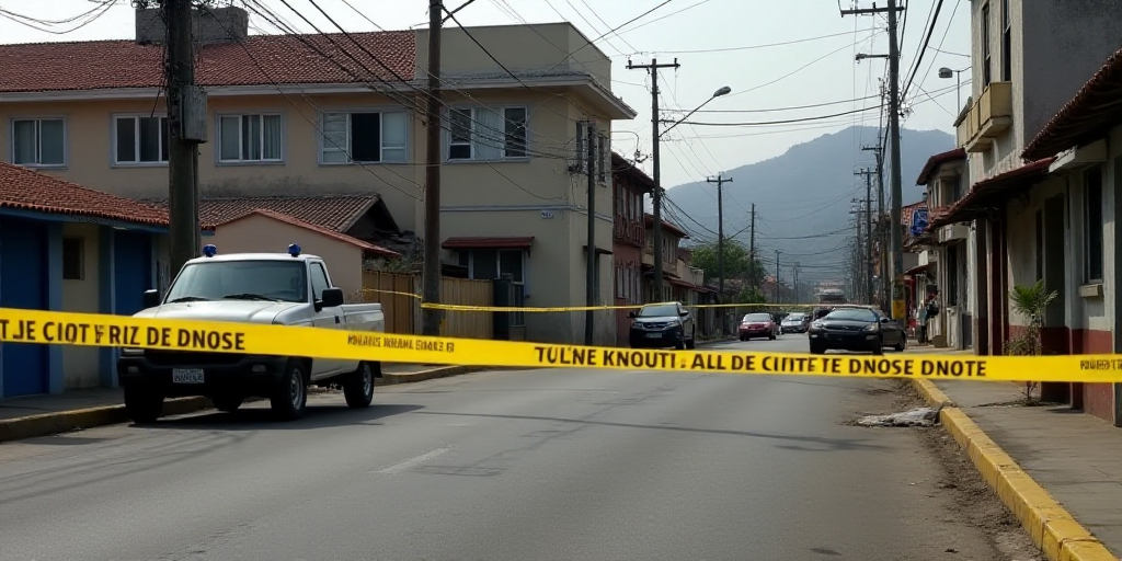 a police tape is taped off in front of a building on a street with a truck parked on the side of the