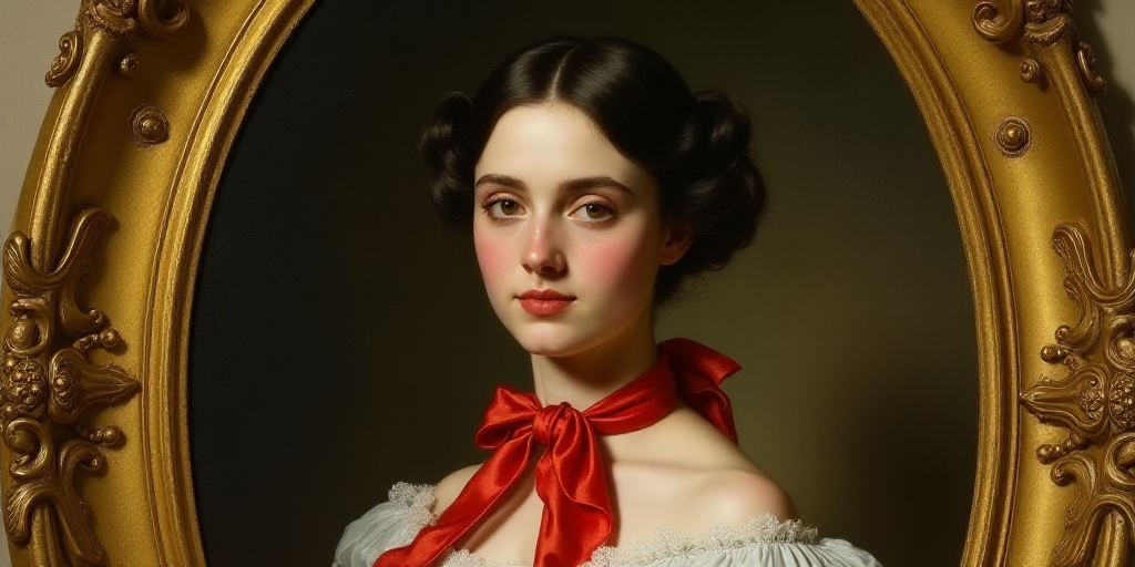 a portrait of a woman in a gold frame with a red ribbon around her neck and a red bow, Clara Weaver