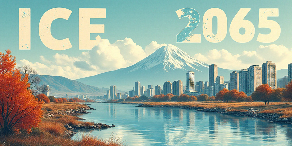 a poster with a picture of a city and a mountain in the background with the words ice 2055 los meror