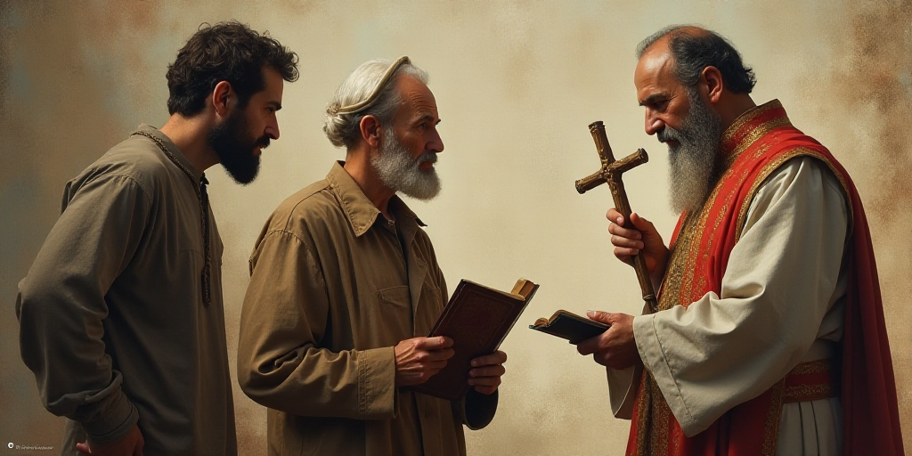 a priest is holding a book and a cross in his hands while two men stand nearby and talk to him, Bern