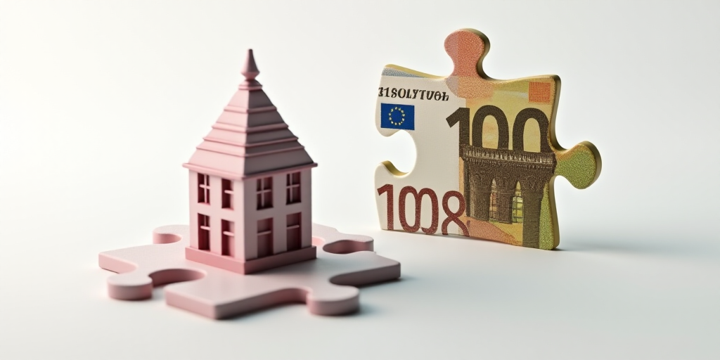 a puzzle piece with a building on it and a euro bill on it's side, with the word 100 on it, Florence