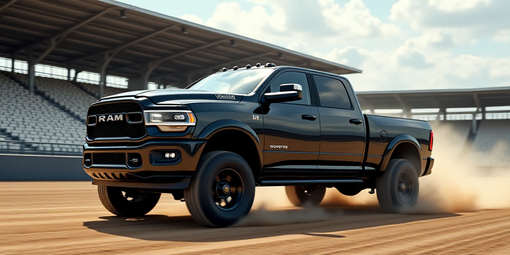 a ram truck is driving on a track in front of a stadium full of seats and empty bleachers, Esaias Bo