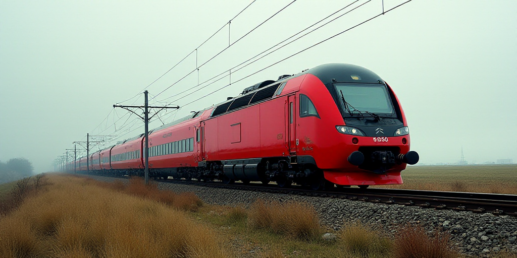 a red and black train traveling down train tracks next to a field of grass and rocks on a cloudy day