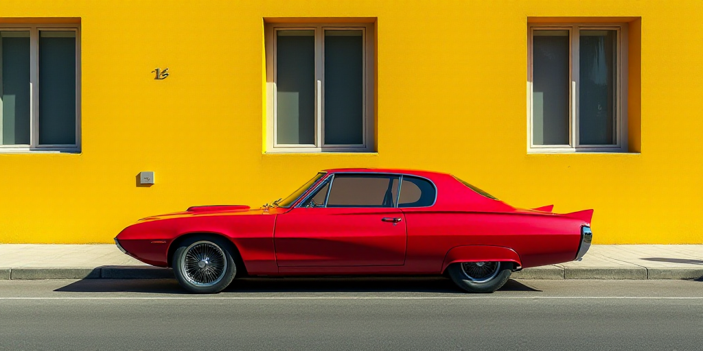 a red car parked on the side of a street next to a building with a yellow wall and windows, Bernardo