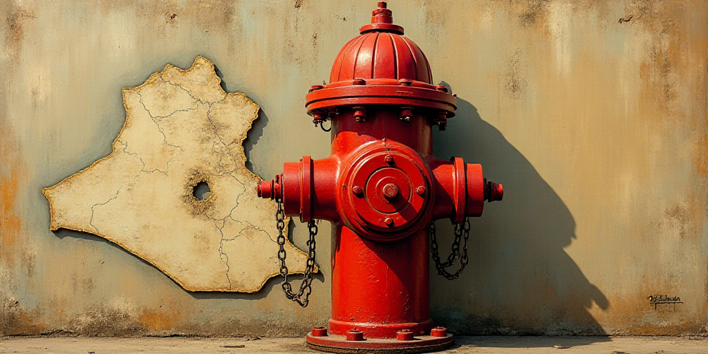 a red fire hydrant with a red wheel on it's side and a map of the country of iraq behind it, Bogi Fa