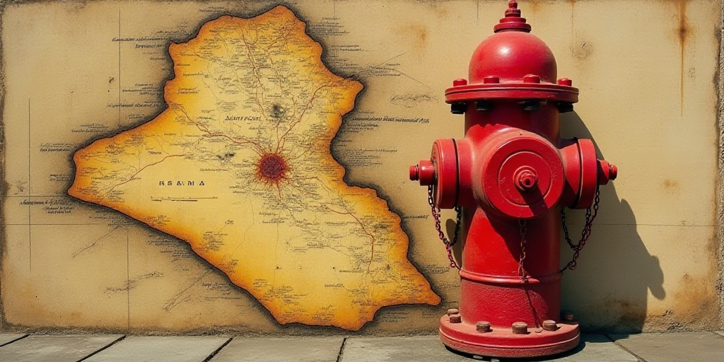 a red fire hydrant with a red wheel on it's side next to a map of the country of iraq, Art & Languag
