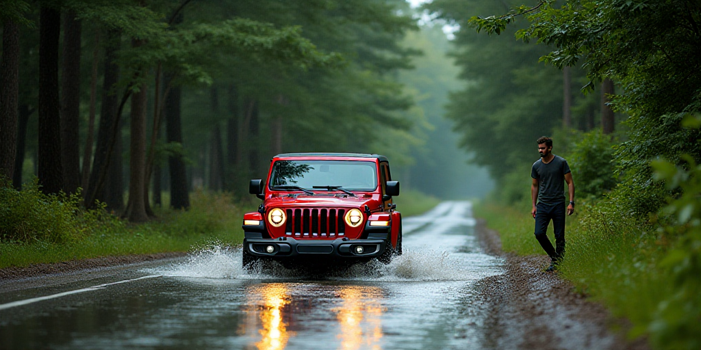 a red jeep driving through a flooded street next to a forest filled with trees and bushes, with a ma