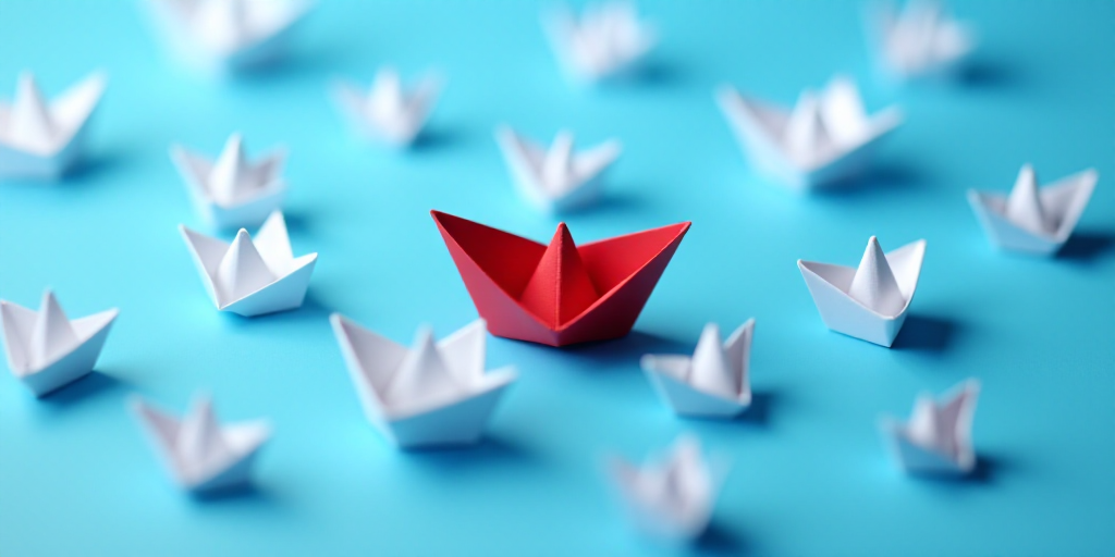 a red origami boat is surrounded by white ones on a blue background with a red one in the middle, An