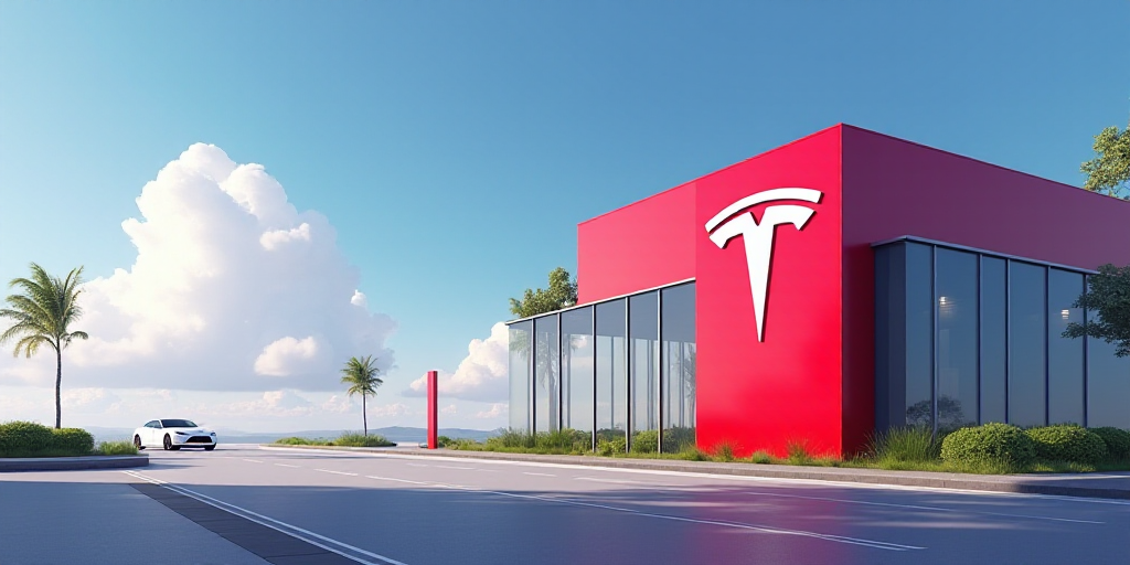 a red sign that says tesla on it next to a building with a blue sky in the background and a red sign