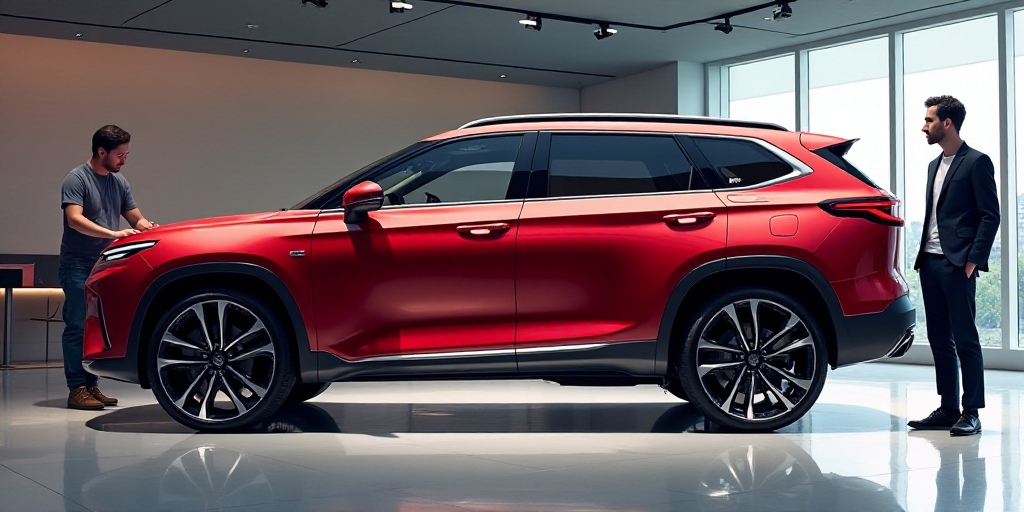 a red suv is on display at a showroom with a man standing next to it and a man standing behind it, A