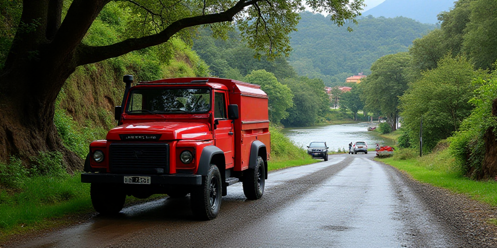 a red truck parked on the side of a road next to a tree and a car parked on the side of the road, Ce