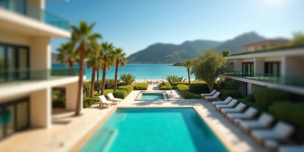 a resort with a pool and a beach in front of it and a resort in the background with a large pool, En