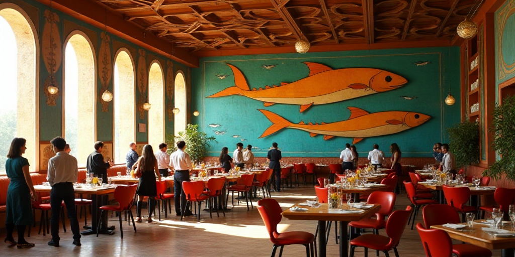 a restaurant with a large mural of fish on the wall and people standing around the tables and chairs