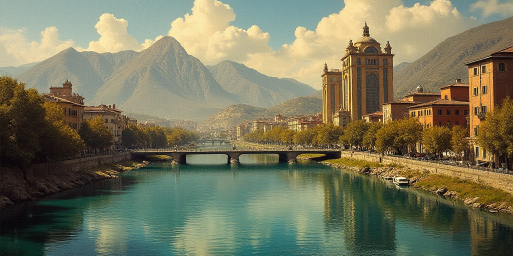 a river running through a city with tall buildings in the background and a bridge over it that is pa
