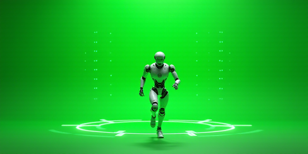 a robot running in a green circle with dots on it's side and a green background with dots, Ai-Mitsu,